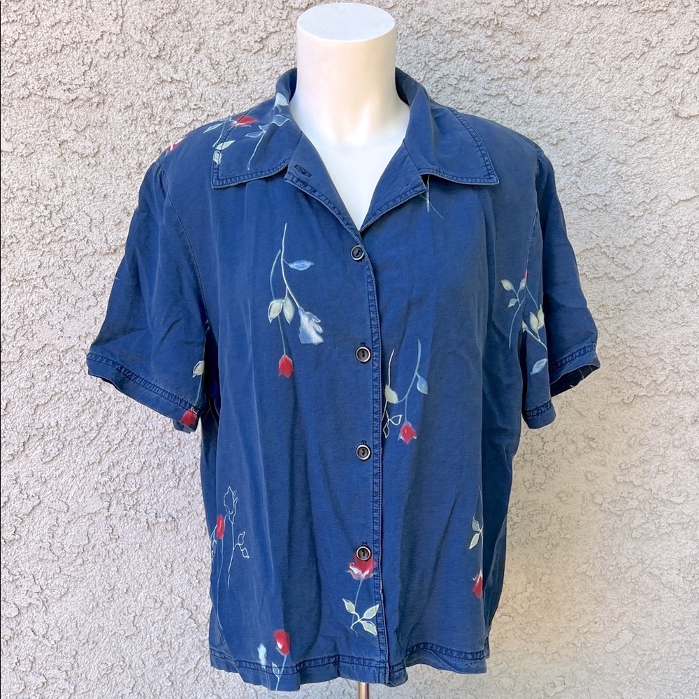 Vintage Cynthia Max Relax Stem Roses Floral Embroidered Button-Up Shirt Blue